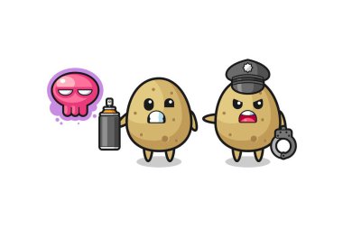 potato cartoon doing vandalism and caught by the police , cute design