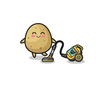 cute potato holding vacuum cleaner illustration , cute design