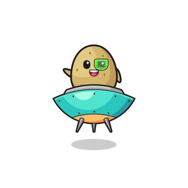 potato cartoon riding a future spaceship , cute design