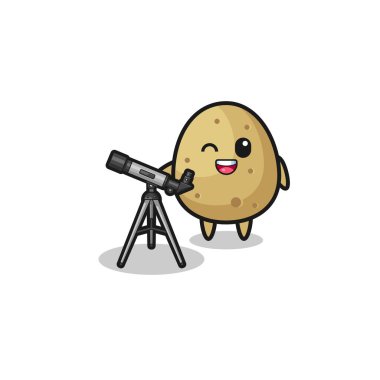 potato astronomer mascot with a modern telescope , cute design