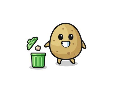 illustration of the potato throwing garbage in the trash can , cute design