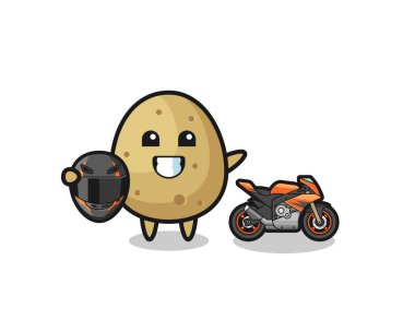 cute potato cartoon as a motorcycle racer , cute design