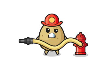 potato cartoon as firefighter mascot with water hose , cute design