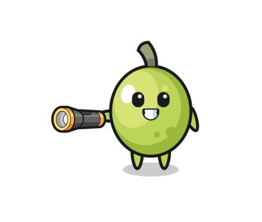 olive mascot holding flashlight , cute design