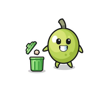 illustration of the olive throwing garbage in the trash can , cute design