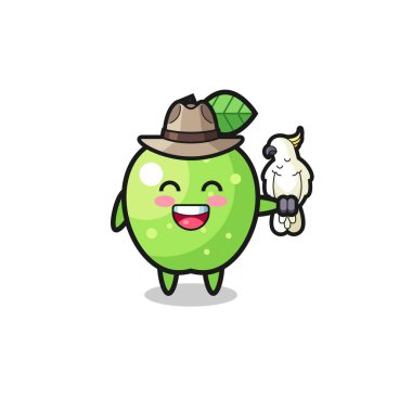 green apple zookeeper mascot with a parrot , cute design