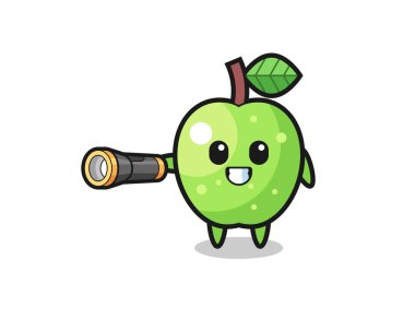 green apple mascot holding flashlight , cute design