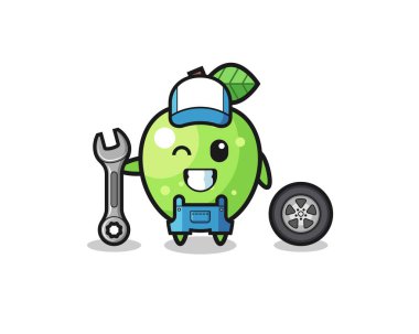 the green apple character as a mechanic mascot , cute design