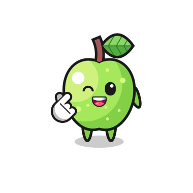 green apple character doing Korean finger heart , cute design