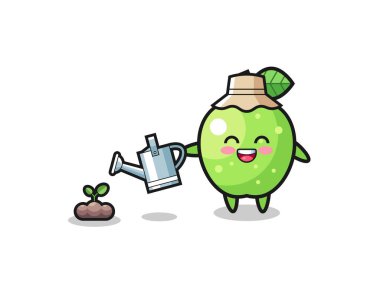 cute green apple is watering plant seeds , cute design