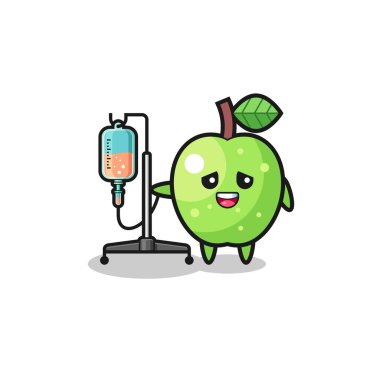 cute green apple character standing with infusion pole , cute design