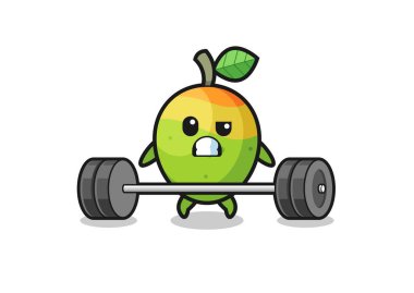 cartoon of mango lifting a barbell , cute design