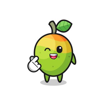 mango character doing Korean finger heart , cute design