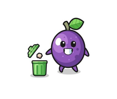 illustration of the passion fruit throwing garbage in the trash can , cute design