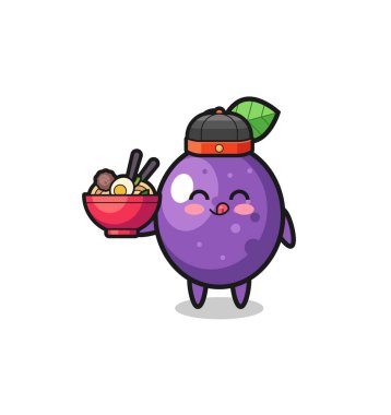 passion fruit as Chinese chef mascot holding a noodle bowl , cute design