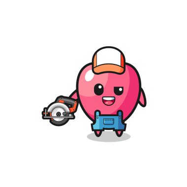 the woodworker heart symbol mascot holding a circular saw , cute design