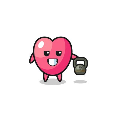 heart symbol mascot lifting kettlebell in the gym , cute design