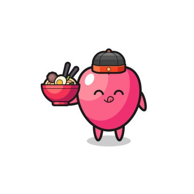 heart symbol as Chinese chef mascot holding a noodle bowl , cute design