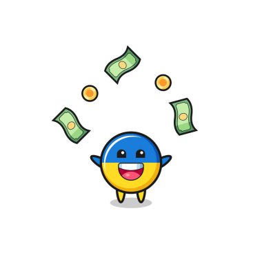 illustration of the ukraine flag catching money falling from the sky , cute design