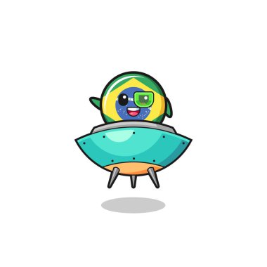brazil flag cartoon riding a future spaceship , cute design