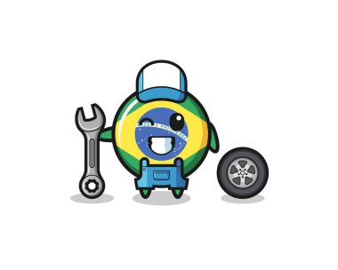the brazil flag character as a mechanic mascot , cute design