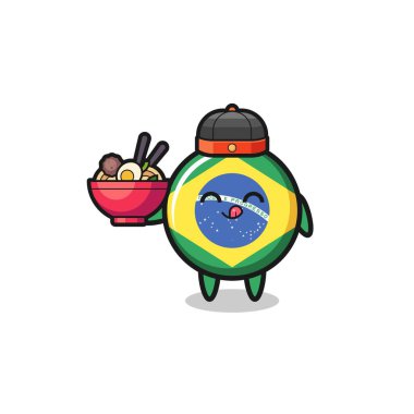 brazil flag as Chinese chef mascot holding a noodle bowl , cute design