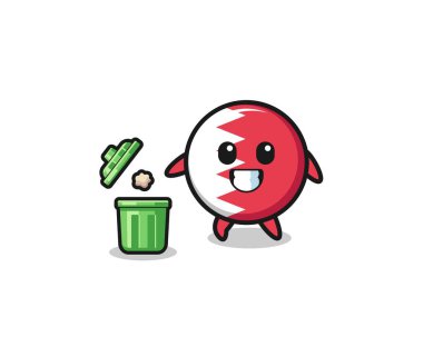 illustration of the bahrain flag throwing garbage in the trash can , cute design