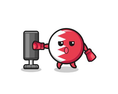 bahrain flag boxer cartoon doing training with punching bag , cute design