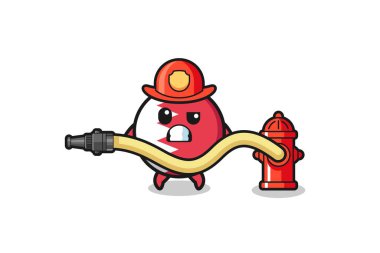 bahrain flag cartoon as firefighter mascot with water hose , cute design