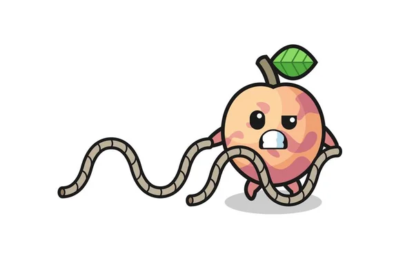 Illustration Pluot Fruit Doing Battle Rope Workout Cute Design — Vettoriale Stock