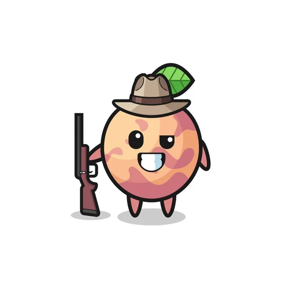 Pluot Fruit Hunter Mascot Holding Gun Cute Design — Vetor de Stock