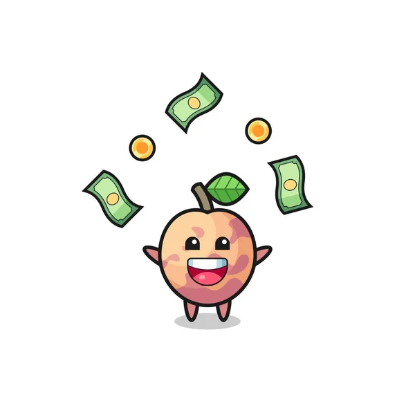 Illustration Pluot Fruit Catching Money Falling Sky Cute Design — Wektor stockowy