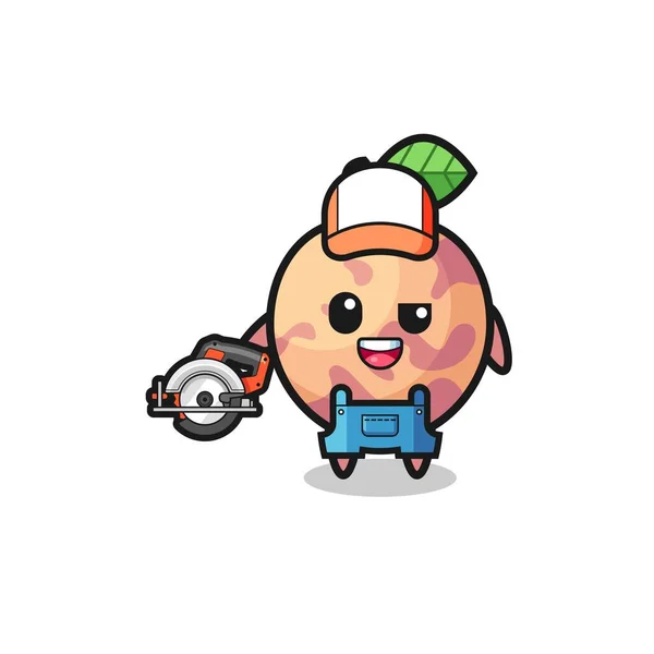 Woodworker Pluot Fruit Mascot Holding Circular Saw Cute Design — Stockový vektor