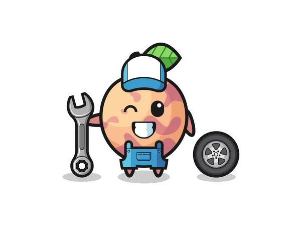 Pluot Fruit Character Mechanic Mascot Cute Design — Stock vektor