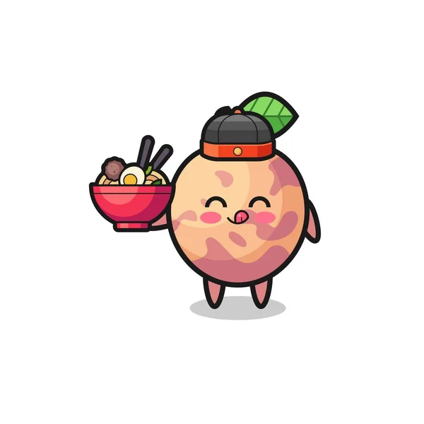 Pluot Fruit Chinese Chef Mascot Holding Noodle Bowl Cute Design — 图库矢量图片