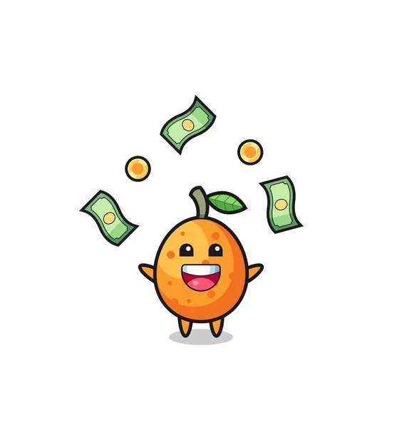 Illustration Kumquat Catching Money Falling Sky Cute Design — Stockvektor