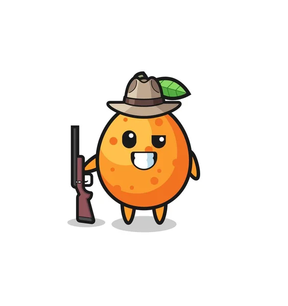 Kumquat Hunter Mascot Holding Gun Cute Design — Stok Vektör