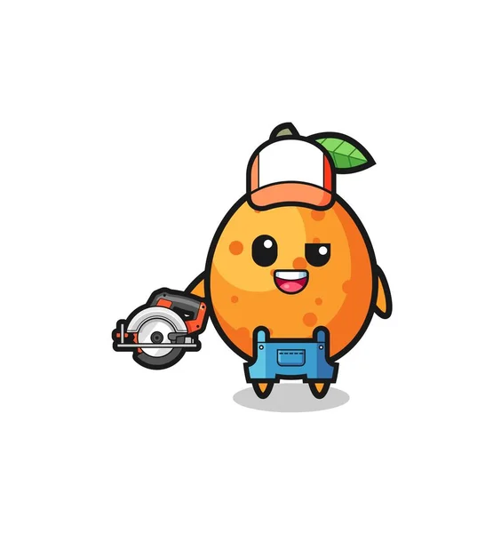 Woodworker Kumquat Mascot Holding Circular Saw Cute Design — Stok Vektör