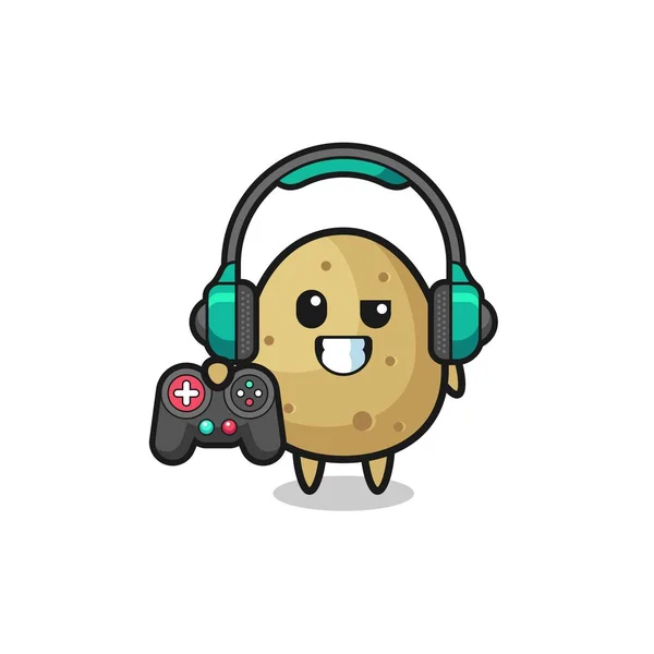Potato Gamer Mascot Holding Game Controller Cute Design — Stock Vector