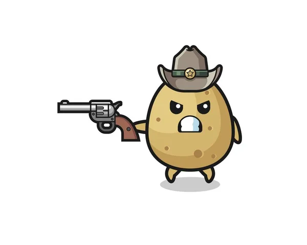 Potato Cowboy Shooting Gun Cute Design — 图库矢量图片