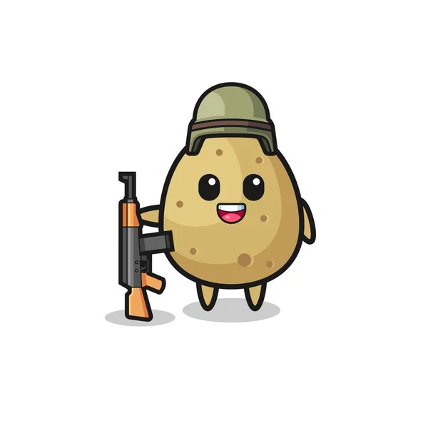可爱的土豆吉祥物作为士兵 可爱的设计 — 图库矢量图片