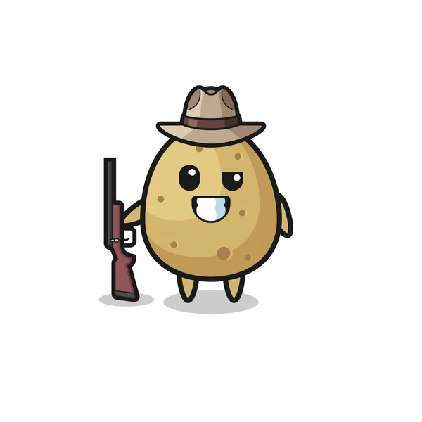 Potato Hunter Mascot Holding Gun Cute Design —  Vetores de Stock