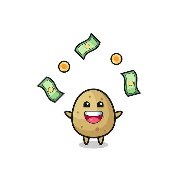 Illustration Potato Catching Money Falling Sky Cute Design — Stok Vektör