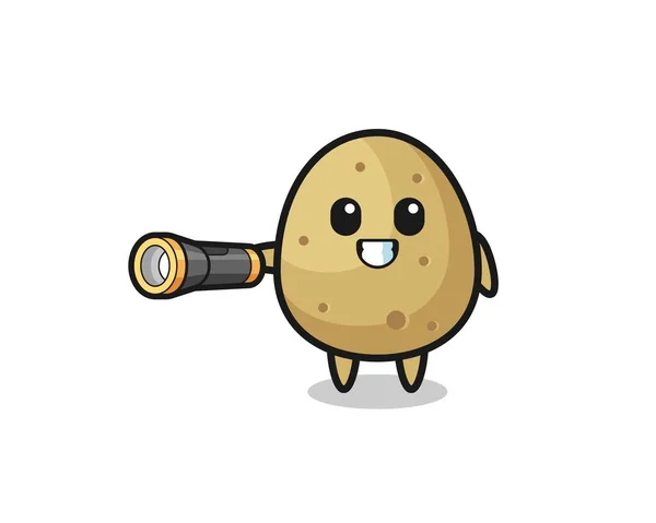 Potato Mascot Holding Flashlight Cute Design — стоковый вектор