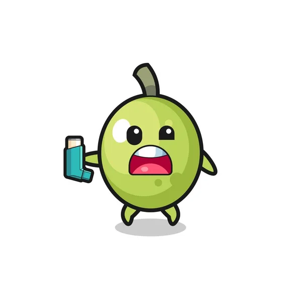 Olive Mascot Having Asthma While Holding Inhaler Cute Design — Vetor de Stock