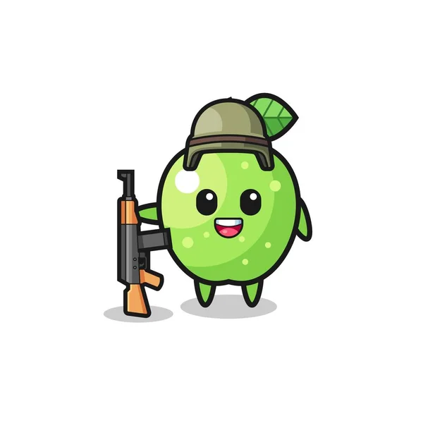 Cute Green Apple Mascot Soldier Cute Design — Vetor de Stock