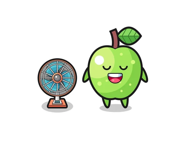 Cute Green Apple Standing Front Fan Cute Design —  Vetores de Stock