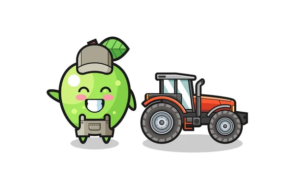 Green Apple Farmer Mascot Standing Tractor Cute Design — Wektor stockowy