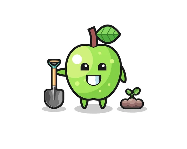 Cute Green Apple Cartoon Planting Tree Seed Cute Design — Stock vektor