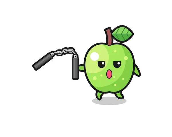 Cartoon Green Apple Using Nunchaku Cute Design — стоковый вектор